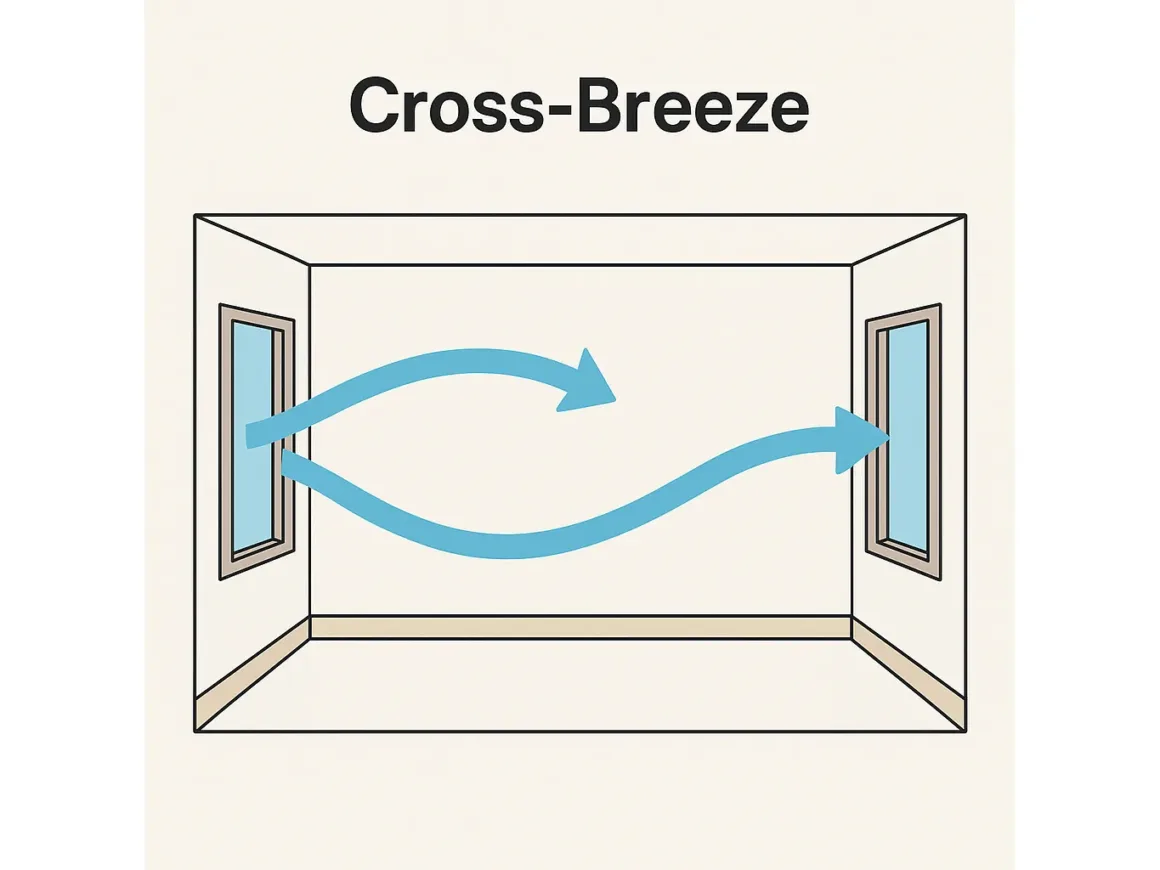 Diagram of a home showing two open windows with arrows indicating airflow, demonstrating the cross-breeze ventilation method for fresher indoor air.