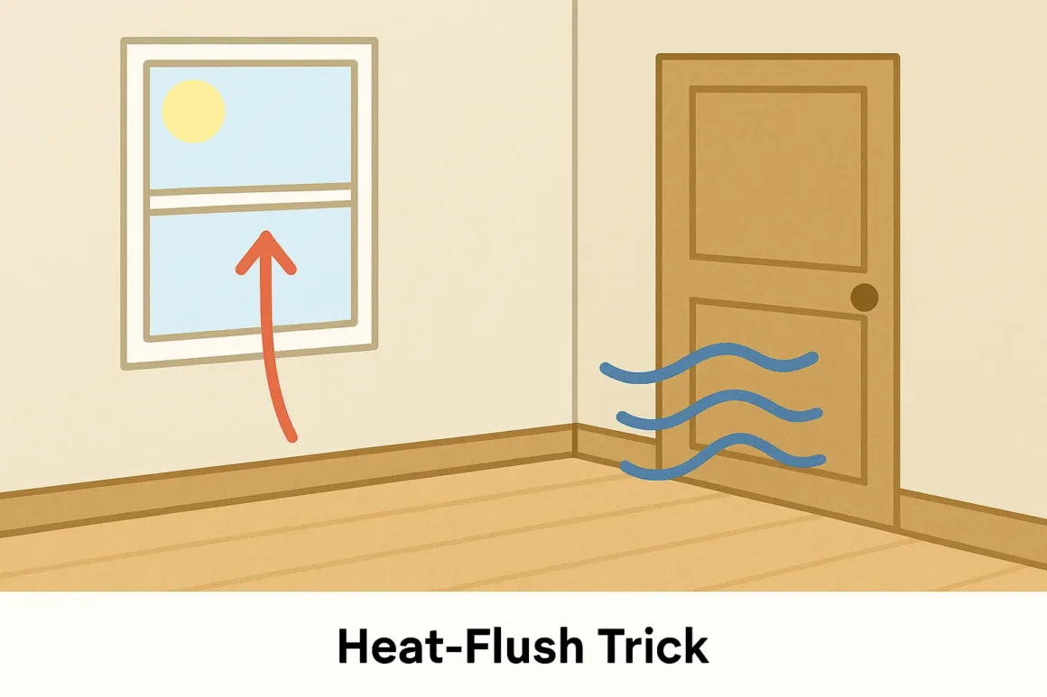 Infographic showing the heat-flush trick: thermostat set to fan on, heat raised slightly, and warm air arrows moving out through an open window.