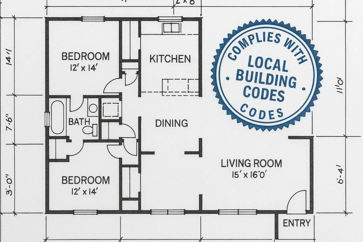 House plan blueprint with stamp showing compliance with local building codes