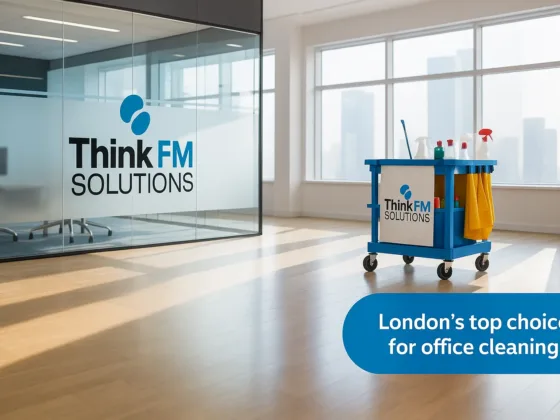 Modern office interior with large glass wall showing Think FM Solutions logo, cleaning cart with supplies in foreground, bright natural light through windows — professional London office cleaning company.