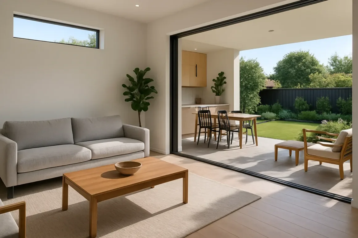 Modern open-plan home with sliding glass doors connecting living and dining to outdoor patio and garden