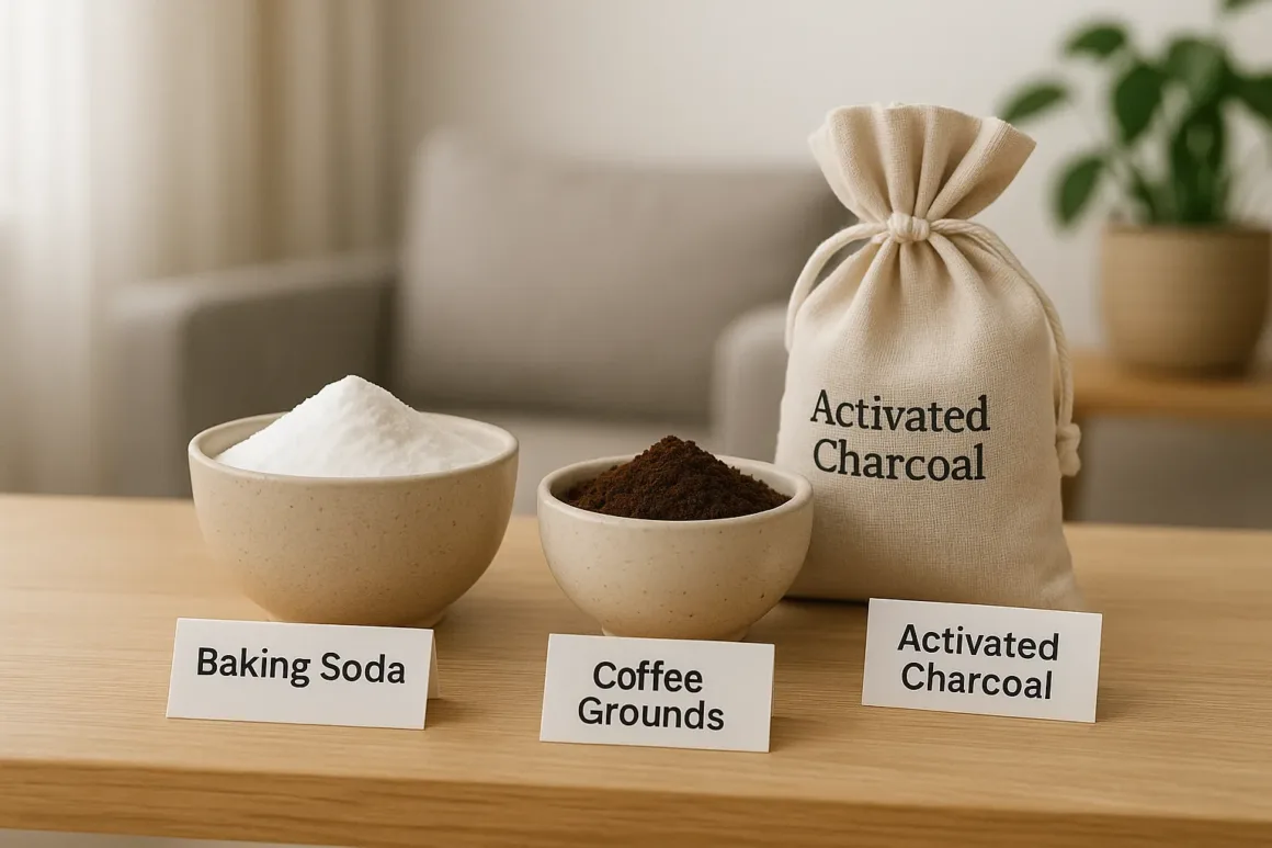 Bowls of baking soda, activated charcoal bags, and coffee grounds displayed in a living room as natural odor absorbers to freshen stale indoor air.
