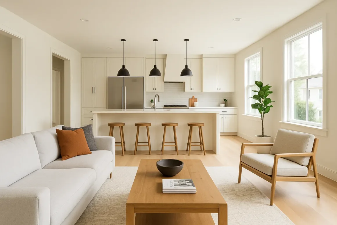 Open concept living room and kitchen filled with natural light, neutral furnishings, and connected flow