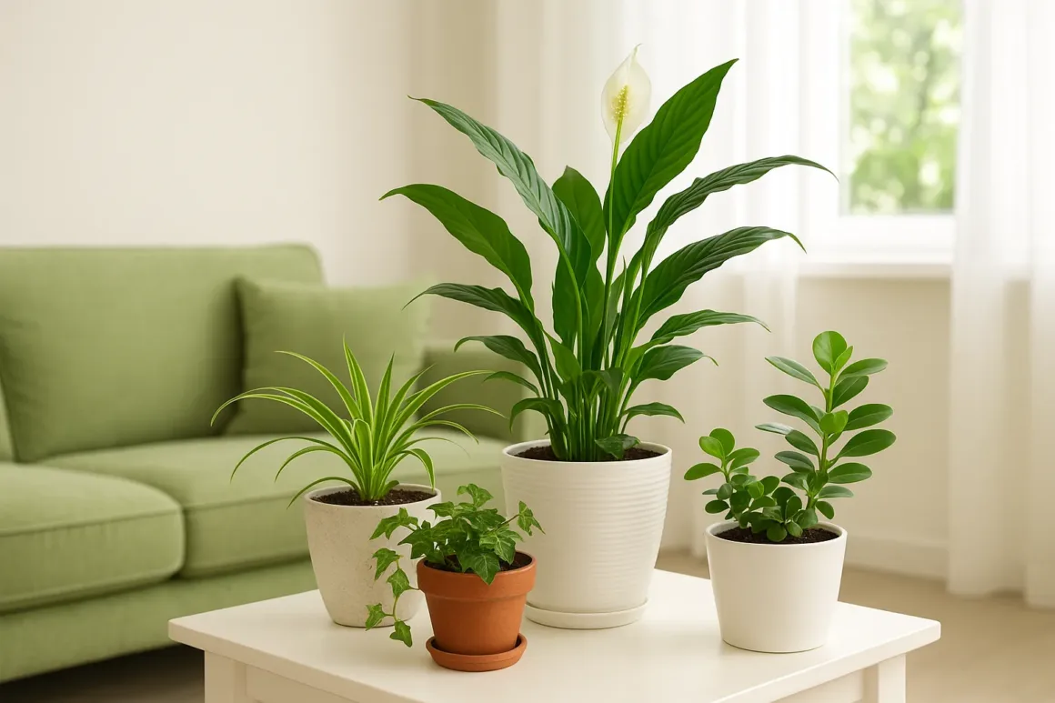 Bright living room corner with a snake plant and peace lily in pots by a sunlit window, used as natural solutions to freshen indoor air