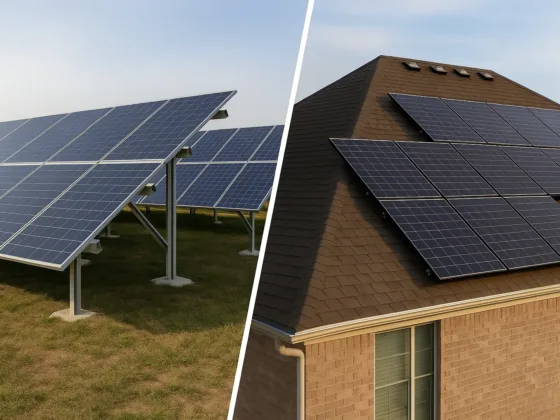 Side-by-side comparison of ground-mounted solar panels in a field and roof-mounted solar panels on a suburban house.