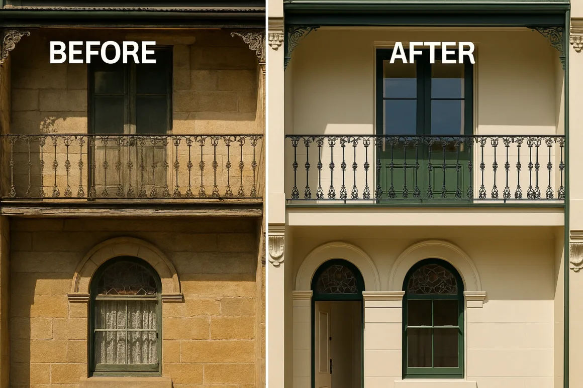Before and after comparison of a Sydney heritage terrace showing restoration of sandstone, tuckpointing, and stained-glass windows.