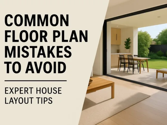 Hero image for article “Common Floor Plan Mistakes to Avoid,” showing a modern open-concept living and dining area with large windows and seamless indoor-outdoor flow.