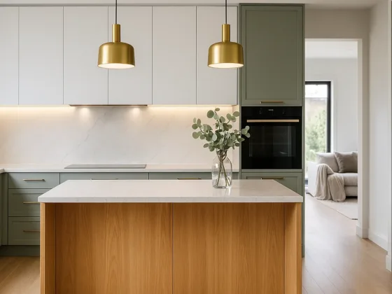 2025 Australian kitchen with quartz benchtops, timber island, layered lighting, and open-plan layout