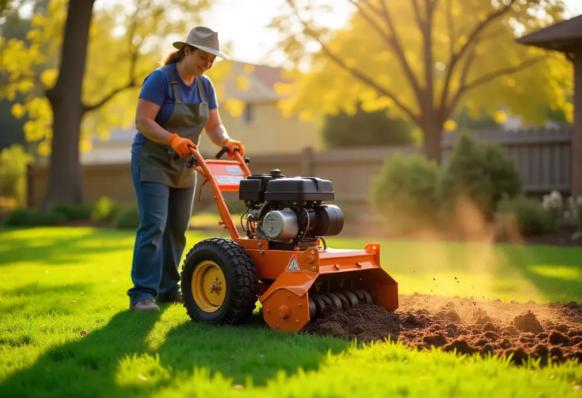 Homeowner using a core aerator machine to loosen compacted soil in a backyard lawn during spring maintenance