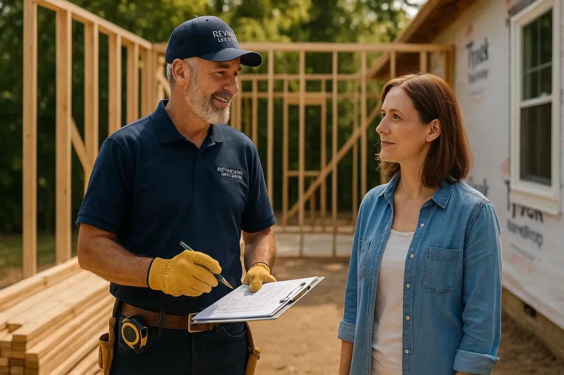 Licensed general contractor meeting a Terre Haute homeowner on an active home addition site.