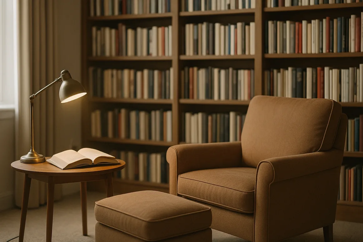 Cozy home library with 10–12 inch shelves, anchored bookcases, and a warm reading lamp around 300–500 lux
