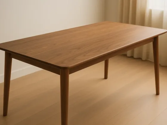 Minimalist walnut dining table with smooth surface and rounded edges in a softly lit modern room, highlighting warm wood texture and elegant design.