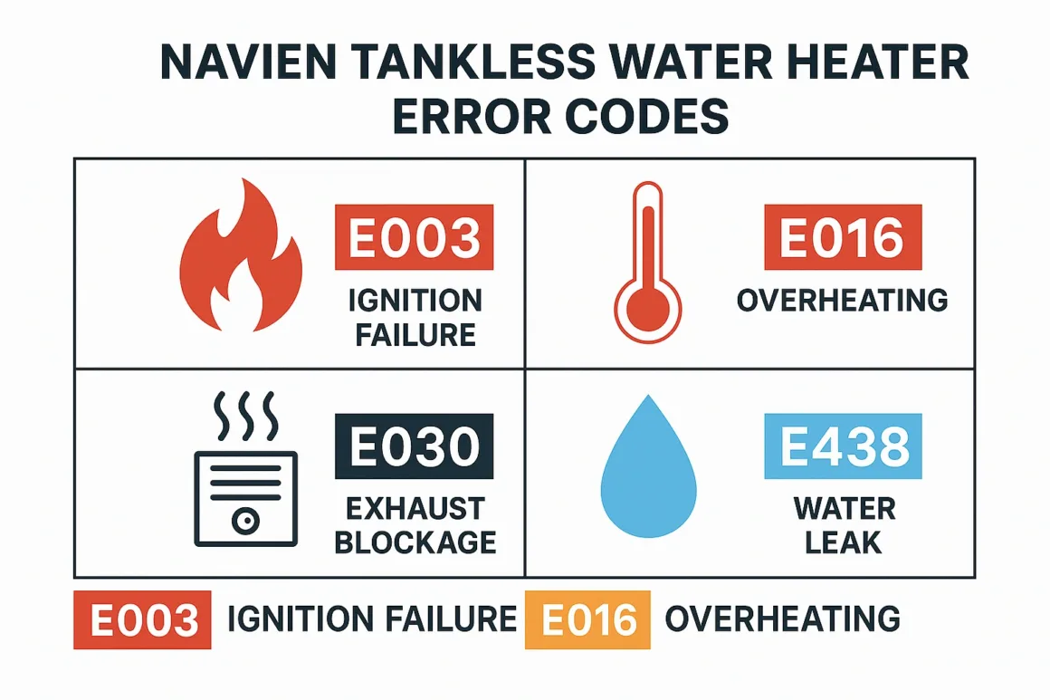 nfographic summarizing Navien tankless water heater error codes with flame, thermometer, vent, and water drop icons.