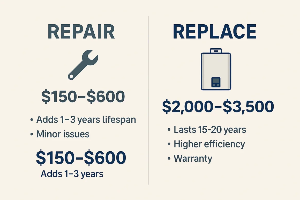 Infographic comparing repair versus replace options for tankless water heaters with costs, lifespan, and efficiency.