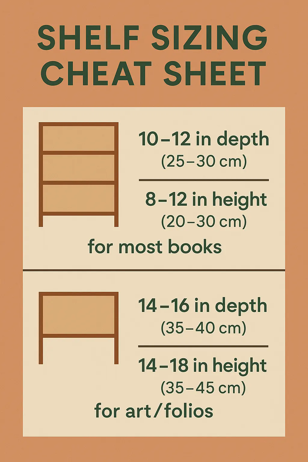 Infographic: recommended shelf depths and heights for home library books and art/folios