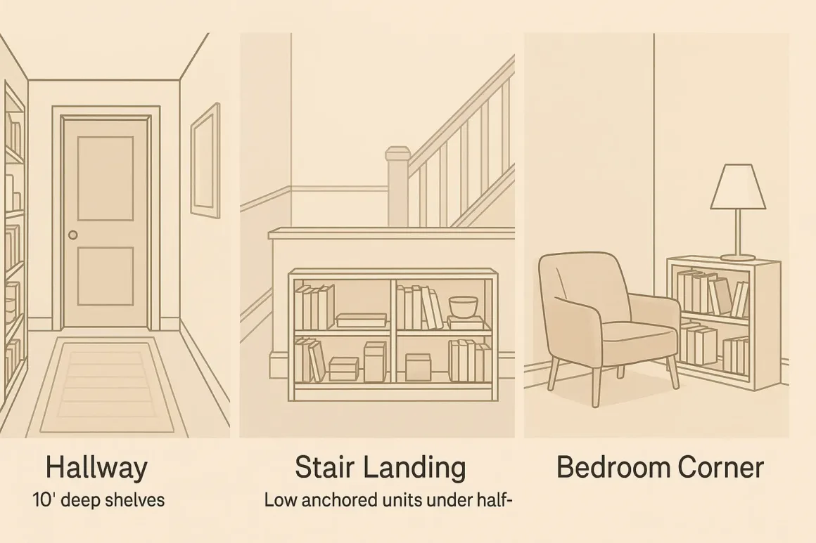 Three small-space home library layouts—hallway 10-inch shelves, stair-landing anchored low units, bedroom reading corner
