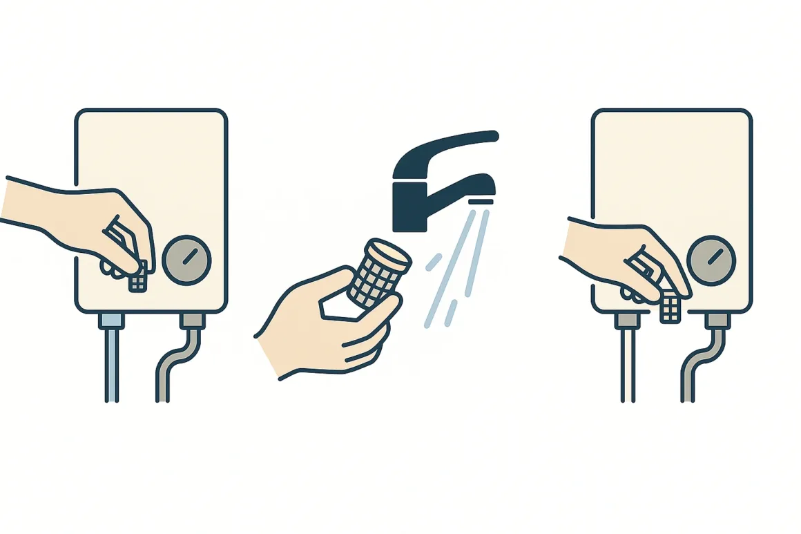 Illustration showing removal, rinsing, and reinstallation of a tankless water heater filter