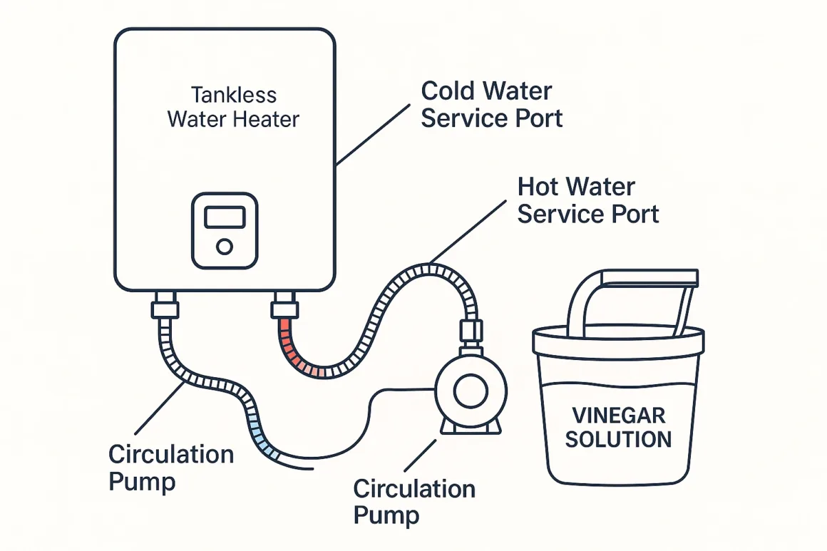 Diagram showing tankless water heater service ports and flushing setup with hoses, pump, and vinegar bucket