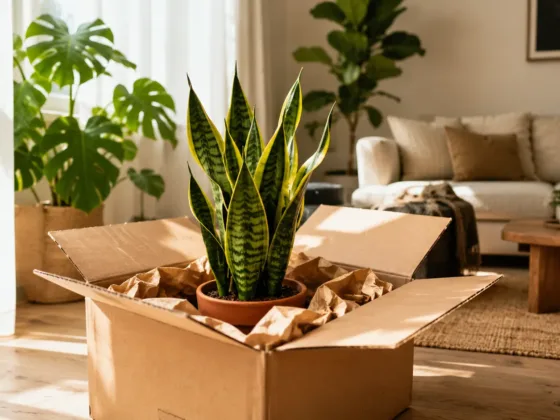 A freshly unboxed snake plant in an eco-friendly cardboard package styled in a sunlit modern living room