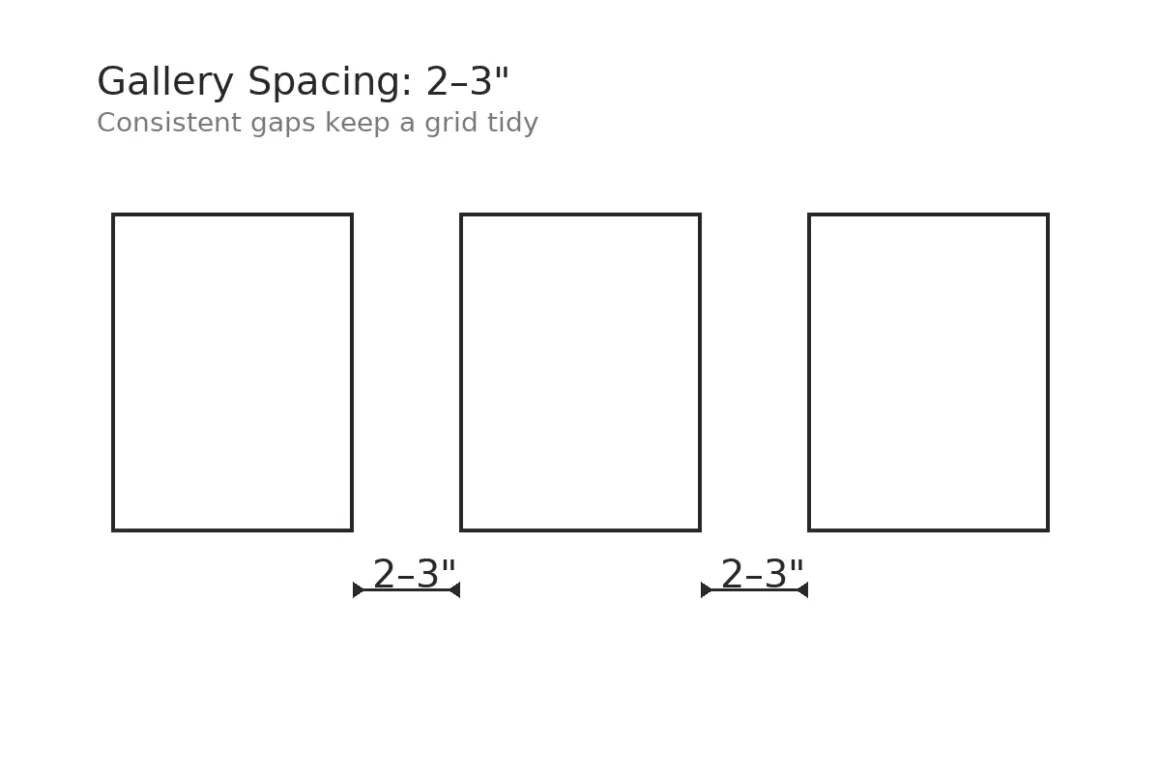 2–3″ gallery spacing ruler: Gallery wall spacing: maintain 2–3″ gaps (1–2″ in tight spaces).