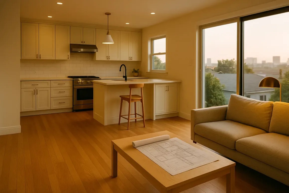 Los Angeles whole-home remodel with open-concept living room and shaker kitchen, oak floors, and warm sunset light through sliding doors.