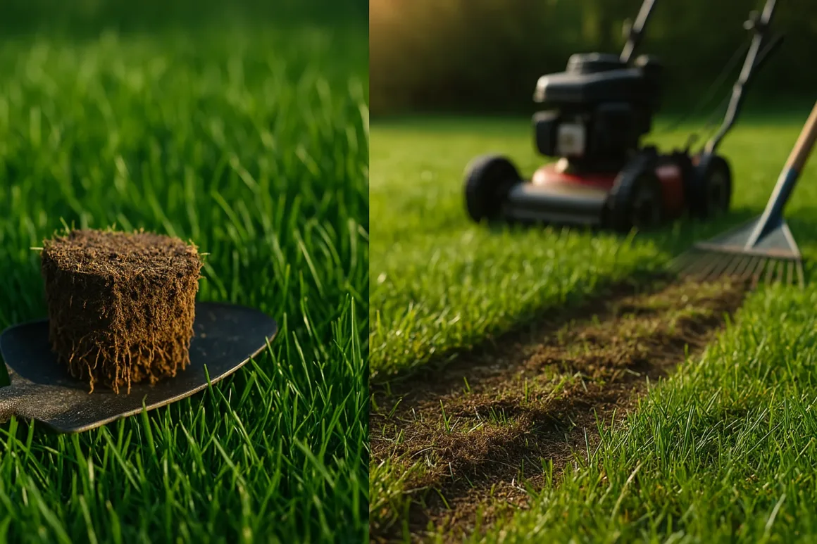 Featured image: DIY lawn dethatcher—homemade rake head with nail tines and handle, used to lift thatch from turf.