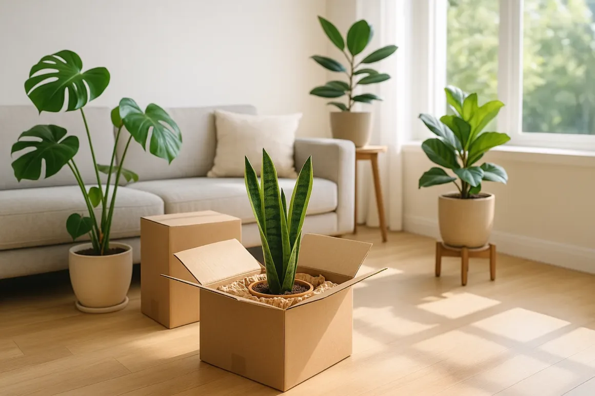 Modern living room with healthy houseplants, including a snake plant freshly delivered in an open eco-friendly box with recyclable padding.