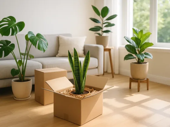 Modern living room with healthy houseplants, including a snake plant freshly delivered in an open eco-friendly box with recyclable padding.