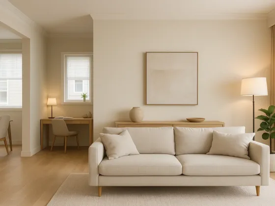 Neutral, light-filled living room with clear sightlines and defined zones.