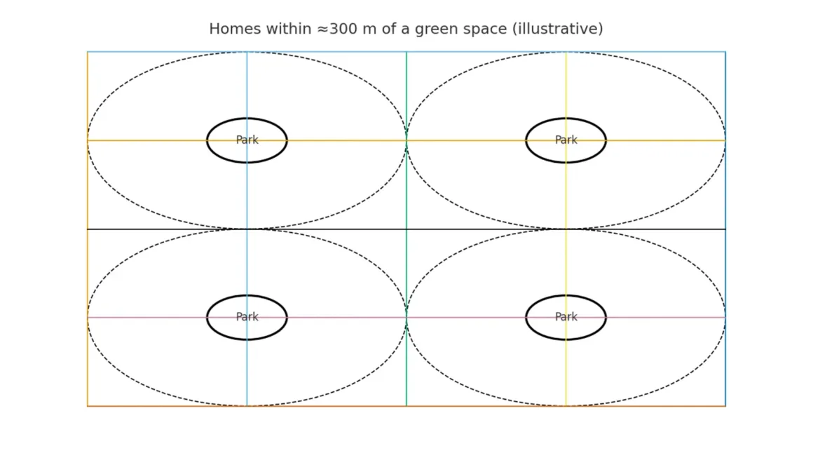 Neighborhood map with ~300-meter access rings around pocket parks.