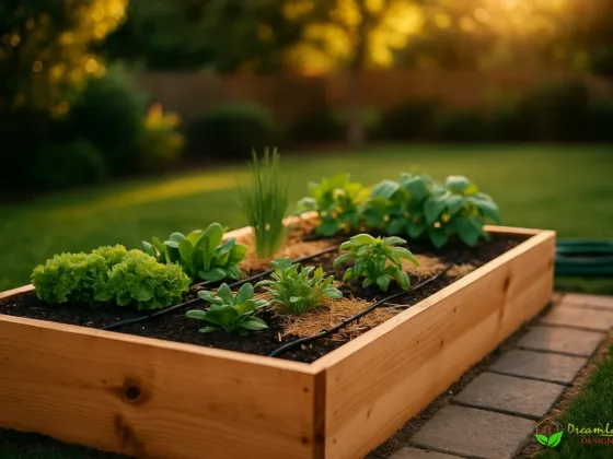 Photorealistic raised garden bed at golden hour with herbs and greens, gravel path, and tidy borders