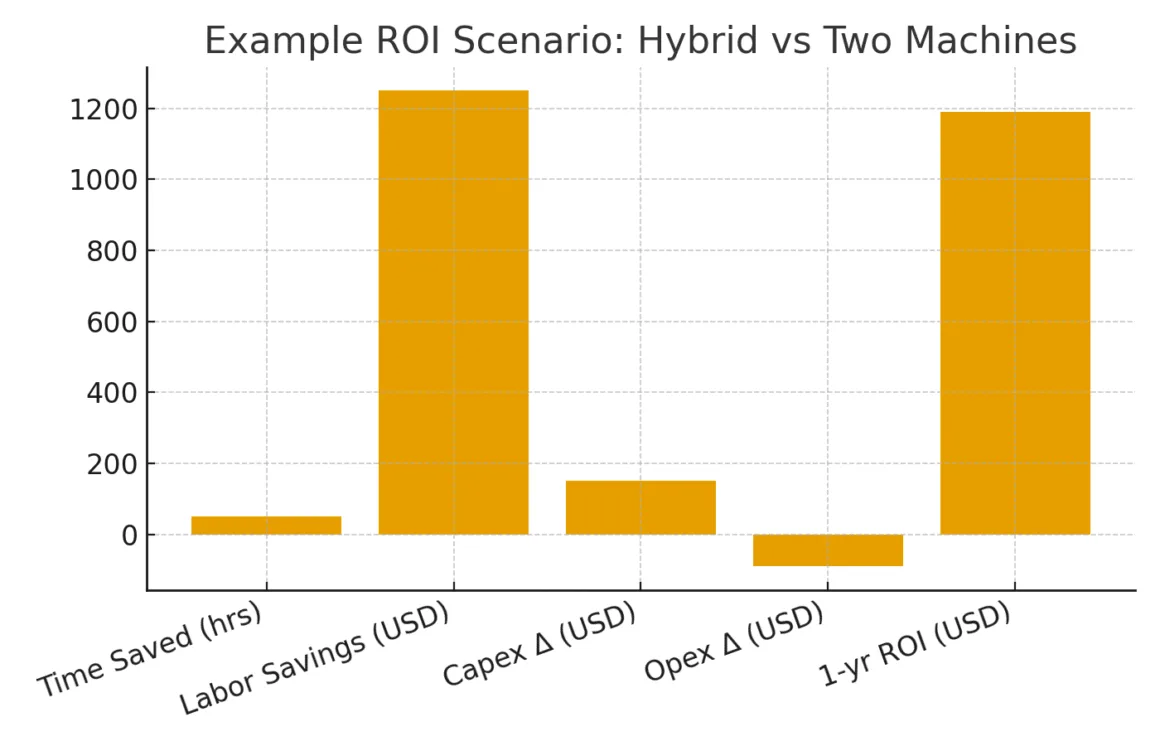 Example ROI showing annual time saved, labor savings, capex difference, opex difference, and simple one-year ROI for hybrid vs two machines