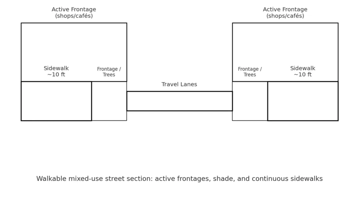 Walkable mixed-use street section with ~10-ft sidewalks, active frontages, trees, and travel lanes.