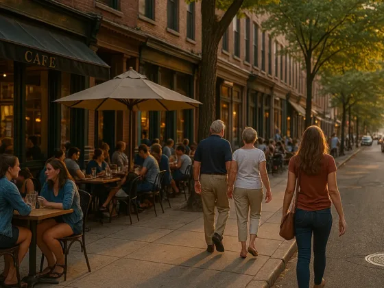 Photoreal walkable main street at golden hour with wide sidewalks, trees, and active cafés.