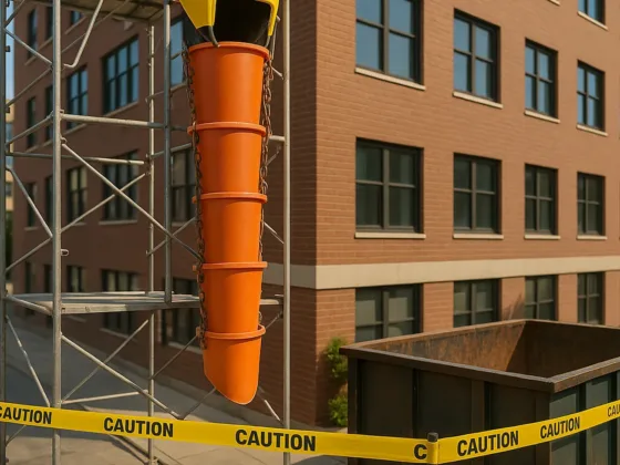 Crew installing a modular plastic debris chute from a mid-rise scaffold with barricaded landing zone.