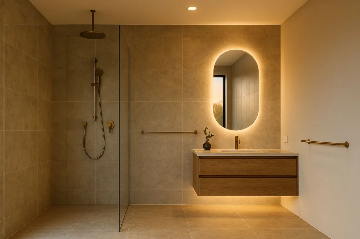 Hotel-style bathroom with large-format stone tiles, brushed-brass rain shower, floating oak vanity and a backlit mirror.