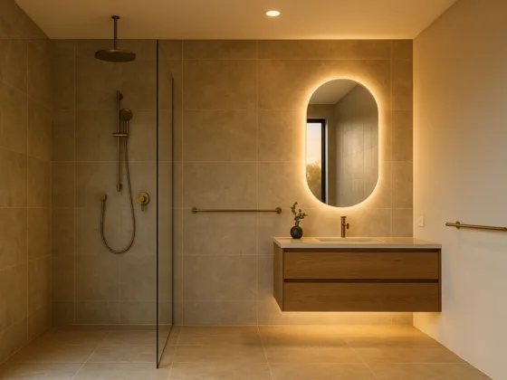 Hotel-style bathroom with large-format stone tiles, brushed-brass rain shower, floating oak vanity and a backlit mirror.