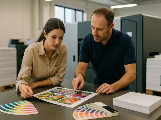 Designer and press operator reviewing a colour proof beside a digital press in a South East UK print shop.