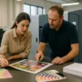 Designer and press operator reviewing a colour proof beside a digital press in a South East UK print shop.