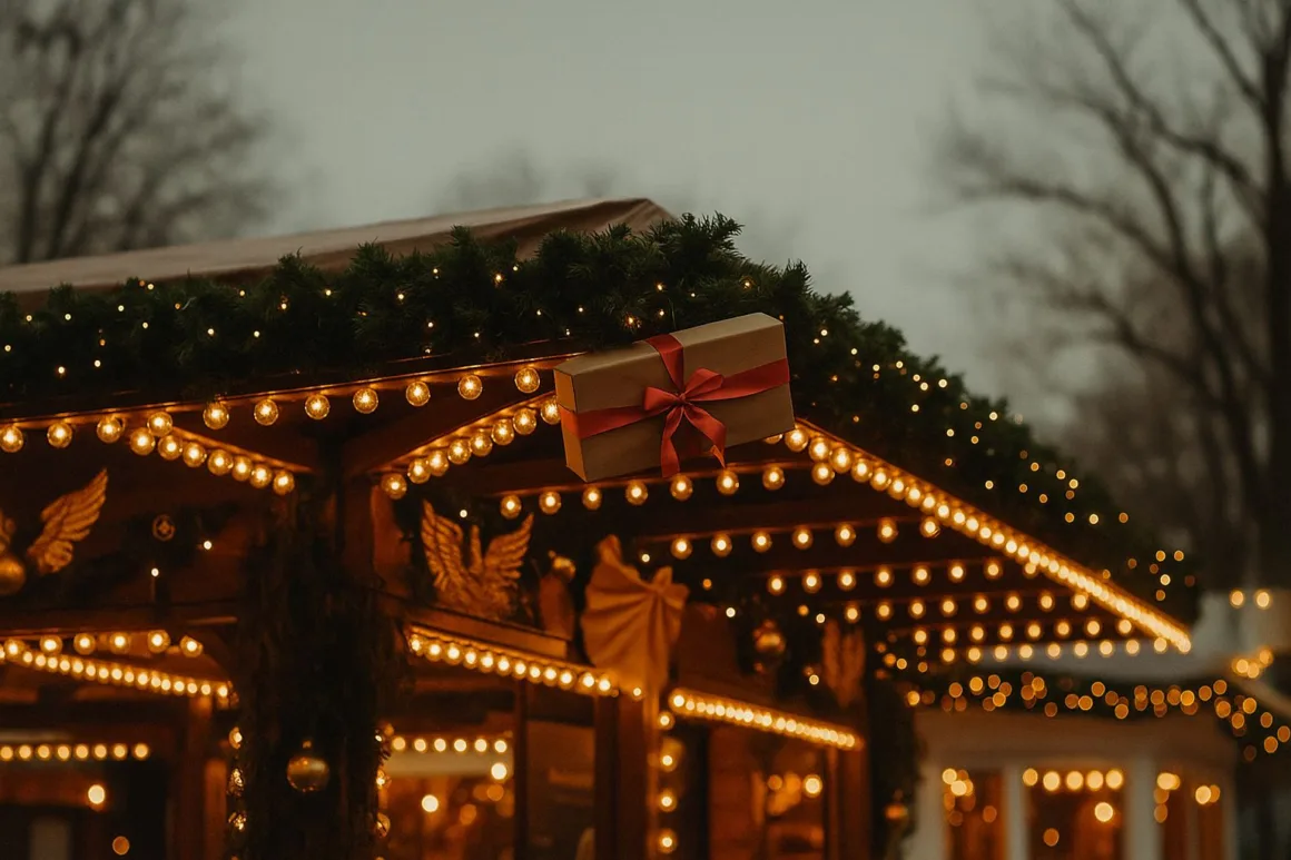 Warm white permanent Christmas lights outlining a roofline with greenery at dusk, gift-wrapped décor and soft bokeh in the background.