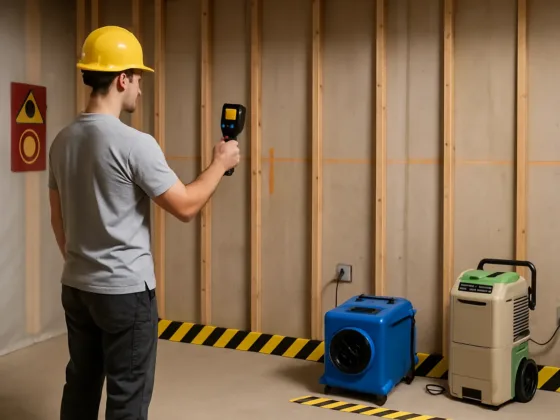 Technician maps hidden moisture during Toronto basement flood cleanup with HEPA and dehumidifiers running.