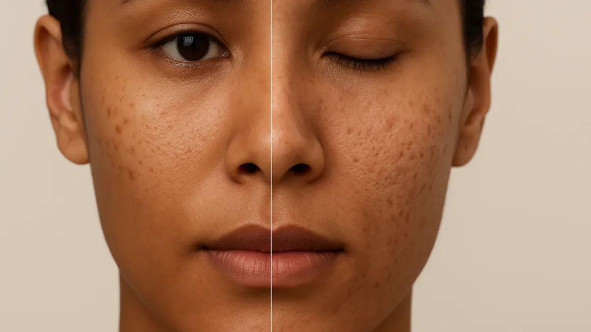 Split-face close-up showing acne marks (left) versus acne scars (right) to compare discoloration and texture.