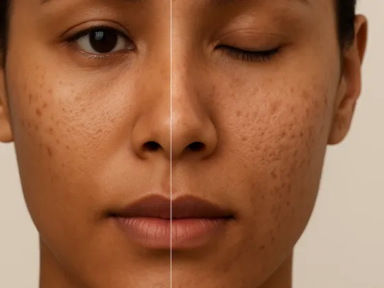 Split-face close-up showing acne marks (left) versus acne scars (right) to compare discoloration and texture.