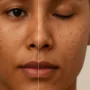 Split-face close-up showing acne marks (left) versus acne scars (right) to compare discoloration and texture.
