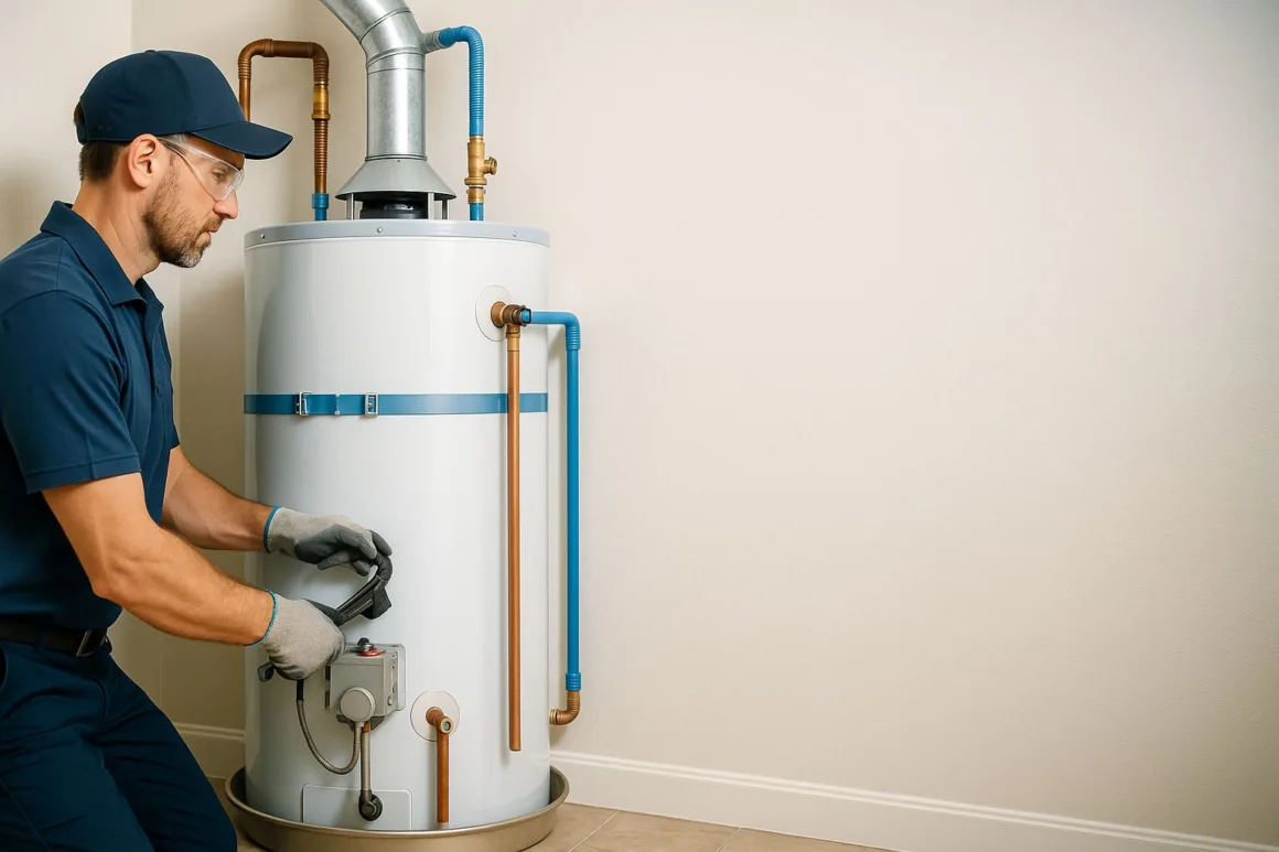 Licensed Charlotte plumber installing a high-efficiency gas water heater with seismic straps, copper/PEX lines, and venting to code in a utility room.