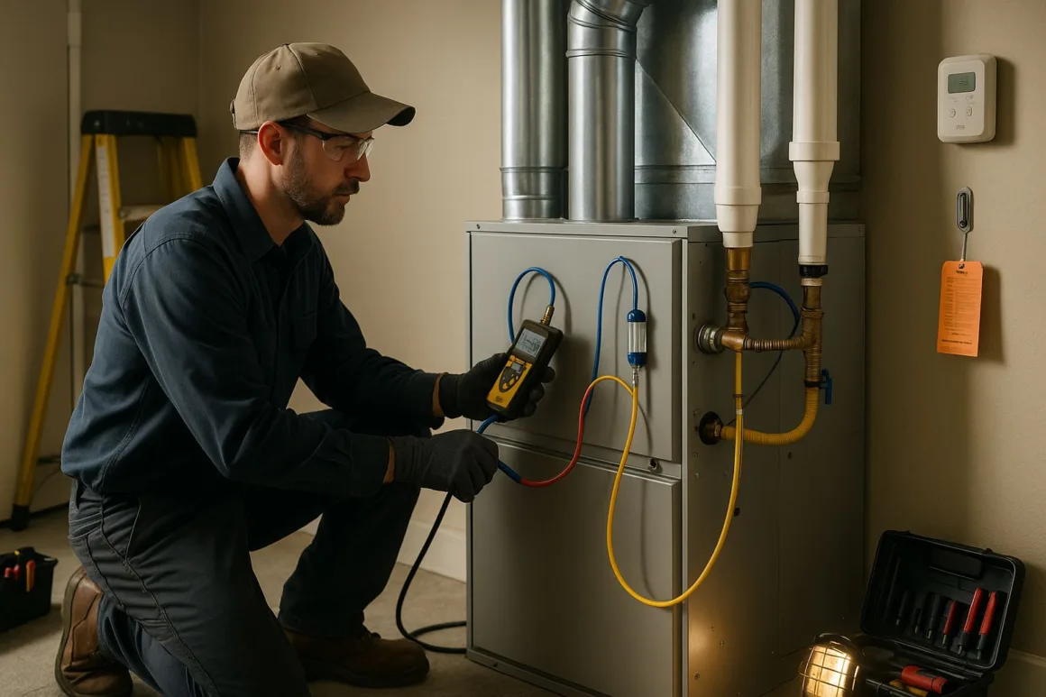 HVAC technician commissioning a high-efficiency gas furnace with a digital manometer in a residential utility room.