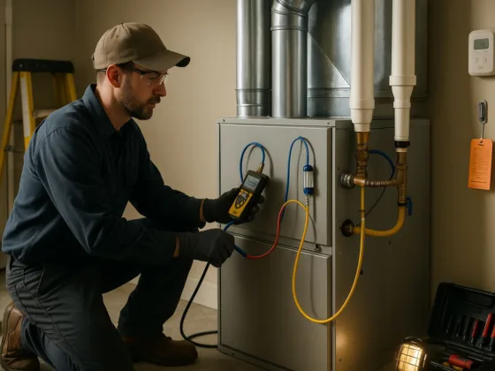 HVAC technician commissioning a high-efficiency gas furnace with a digital manometer in a residential utility room.