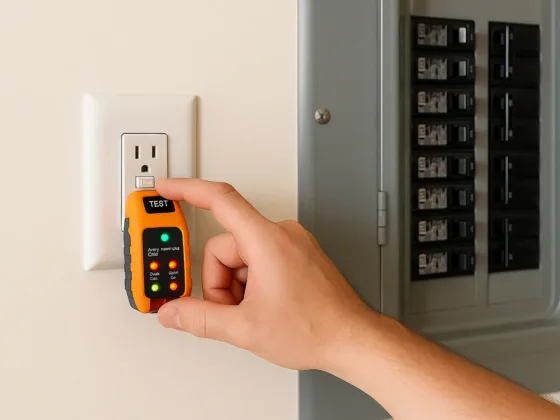 Homeowner testing a receptacle/GFCI outlet with a plug-in tester beside a breaker panel.