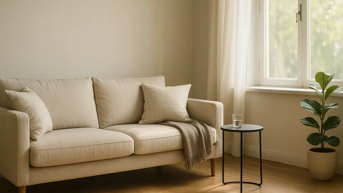 Photorealistic living room showcasing non-toxic furniture: oak-toned sofa in natural linen, powder-coated side table, and open window with sheer.