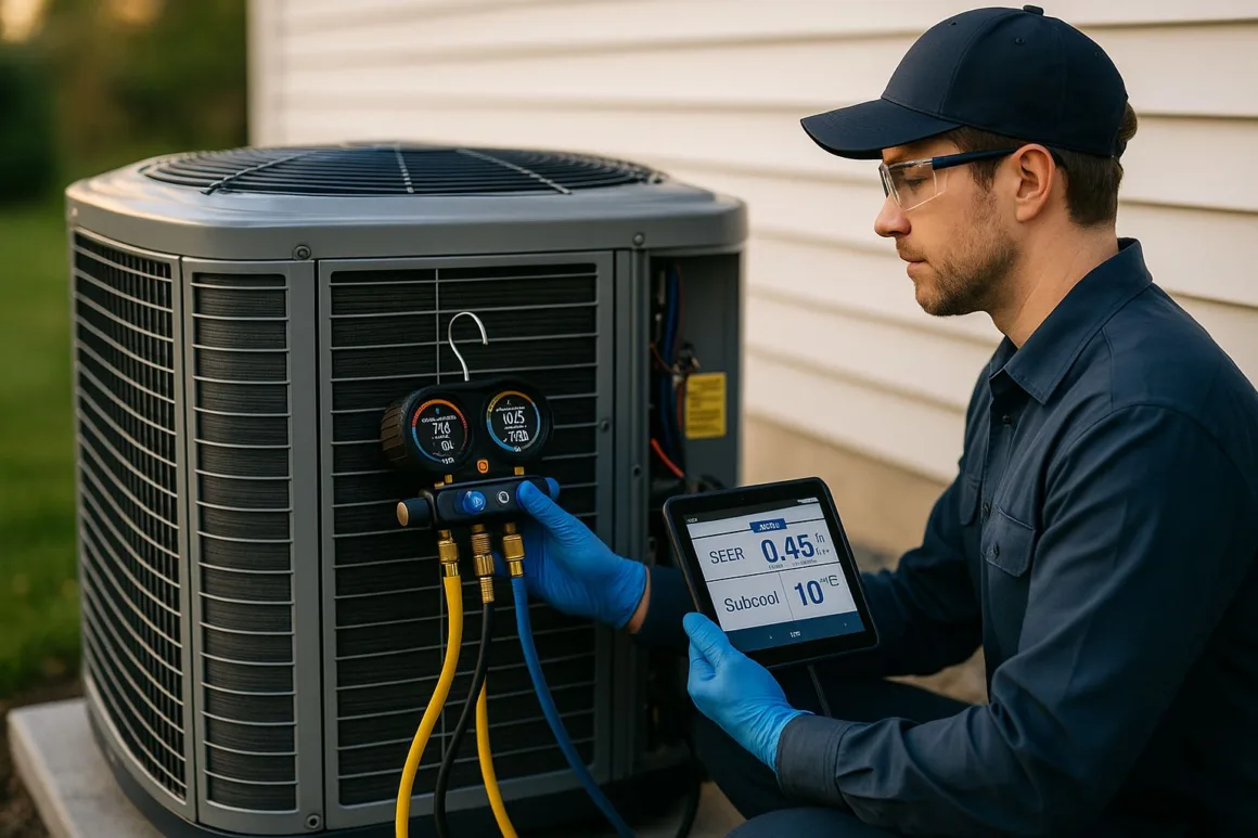 Technician checking refrigerant charge and static pressure on a residential heat pump condenser